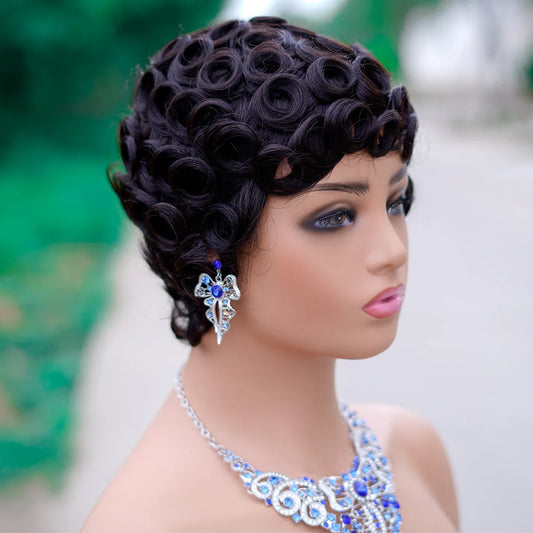Premium Short Pixie Wig for Black Women 99J Brazilian Virgin Remy Hair Natural Small Curls Comfortable & Durable