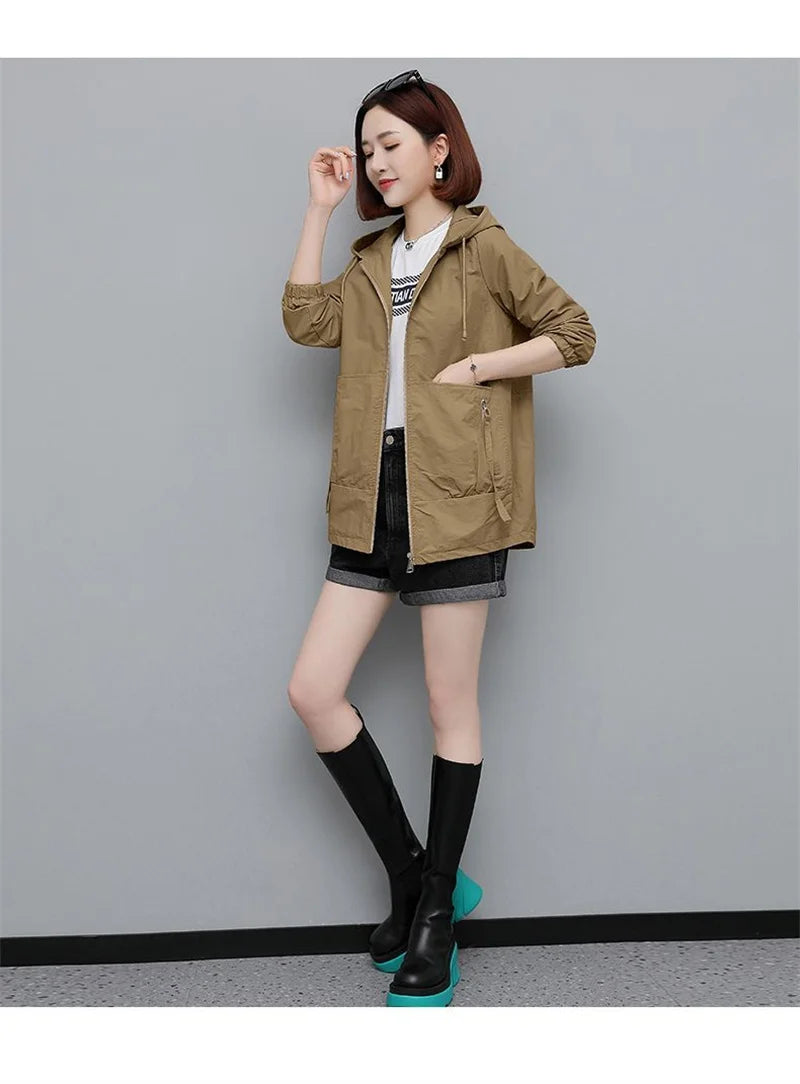 Lining Hooded Coat Female Spring And Autumn Temperament Short Jacket Casual Short Trench Coat Female Hooded Outwear Khaki