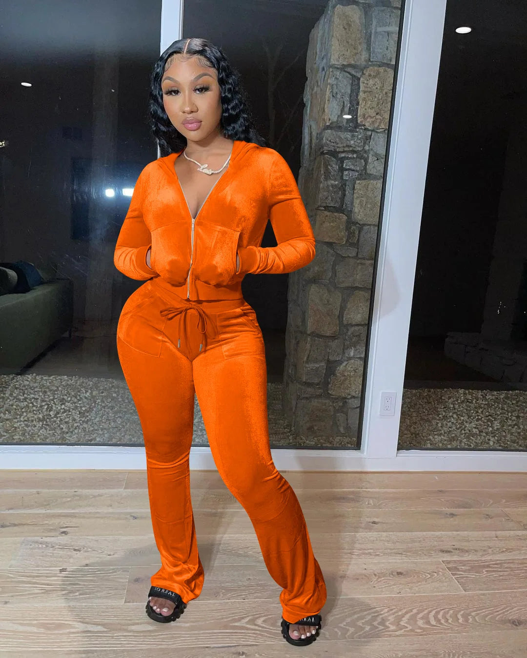 Hooded Zip Top And High Waist Pants Outfit Set for Women