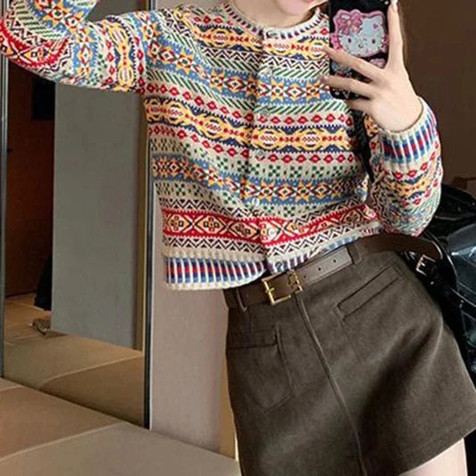 Korean ethnic style colorful floral sweater women's autumn and winter new knitted cardigan paired with casual top cardigan