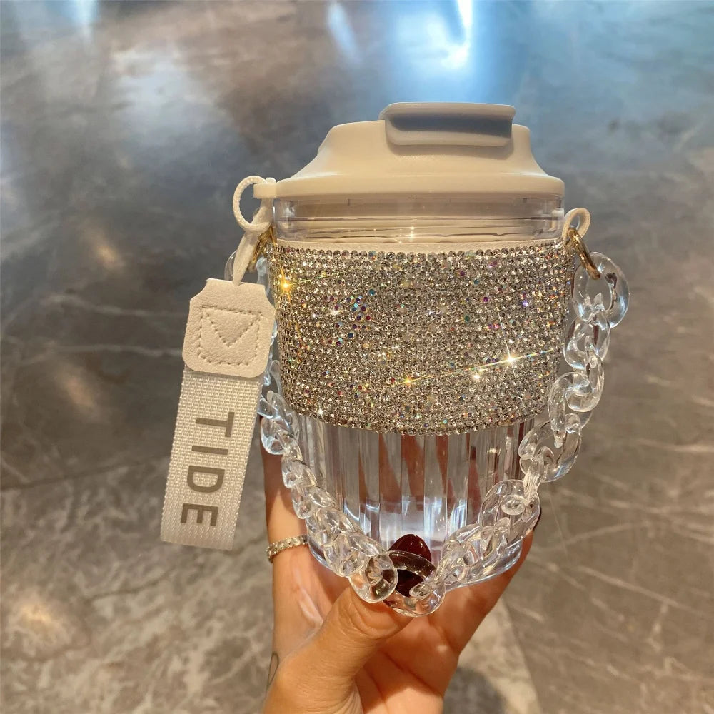 Portable Rhinestone Glass Coffee Cup With Chain for Women