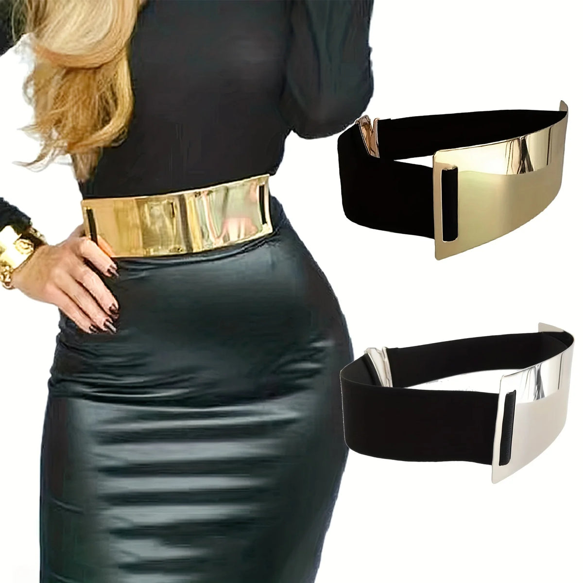 Punk Inspired Metallic Glossy Wide Waist Belt for Women