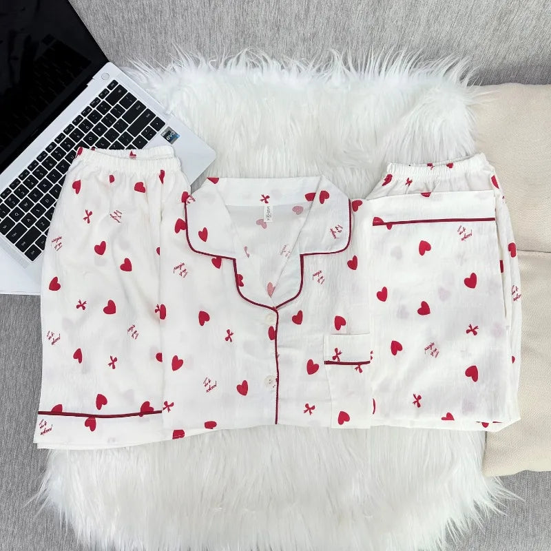 Korean Cute Heart Bow Print Pajamas Set Women 3 Piece Summer Soft Harajuku Style Homewear Sweet Love Pattern PJ Loungewear