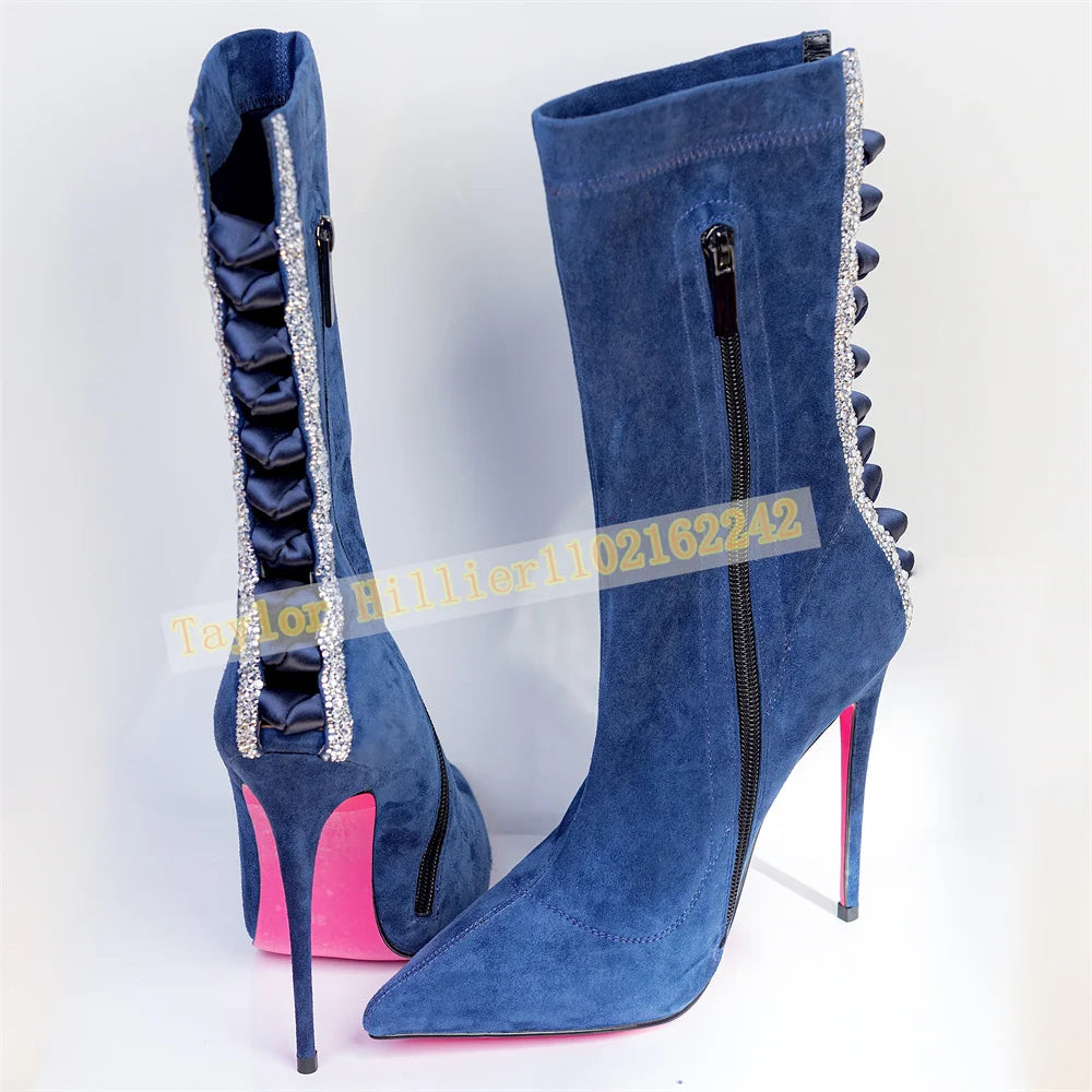 Blue Suede Mid Calf Stiletto Boots with Rhinestone Trim for Women