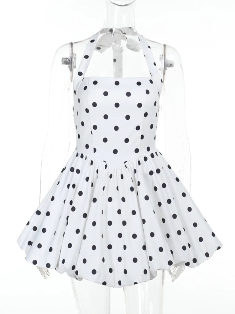TARUXY Polka Dot Vacation Mini Dress For Women  High Waist A-line Ball Gown Dress Sleeveless Halter Neck Female Summer Fashion