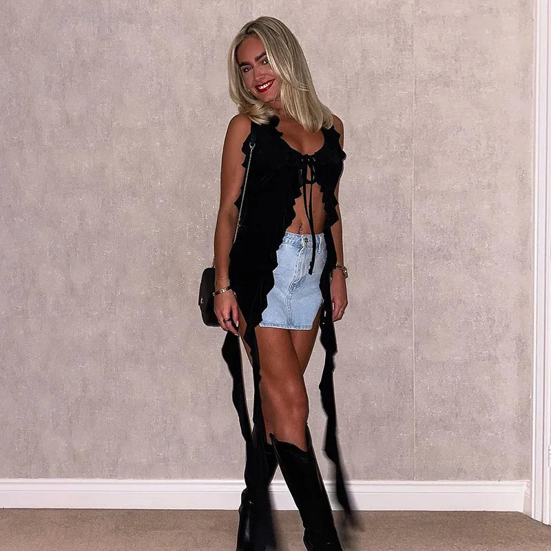 Y2K Sheer Mesh Spaghetti Strap Camisole Top White Ruffle Fringe Halter Tops Coquette Fairy Core Clothes 2024 Fashion