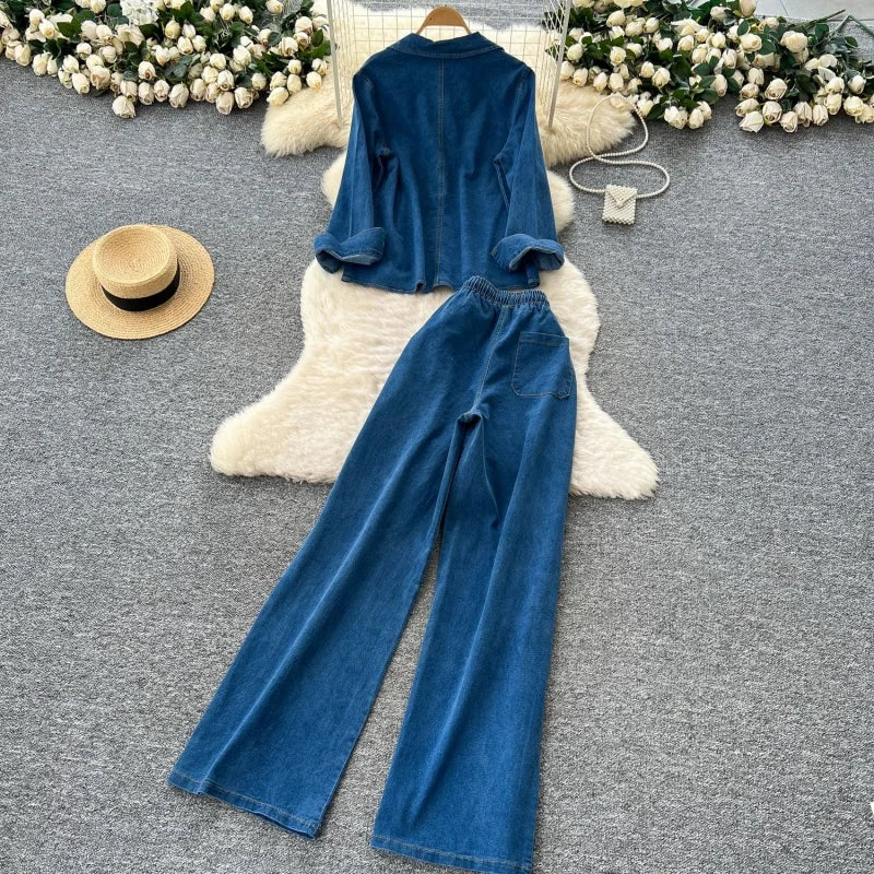 Vintage Long Sleeve Denim Shirt And Jeans Set for Women