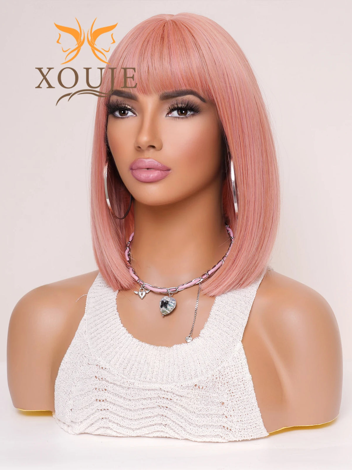 Natural Brown Straight Synthetic Wig With Bangs For Women