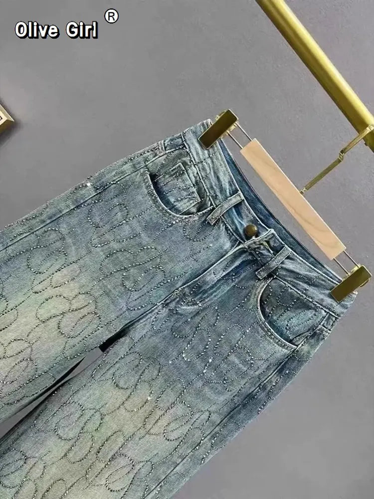 Diamond Rhinestone High Waist Wide Leg Denim Jeans for Women