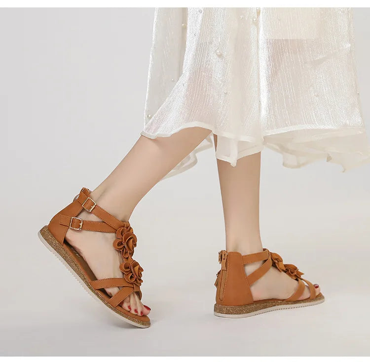Strappy Bohemian Floral Printed Flat Sandals for Women