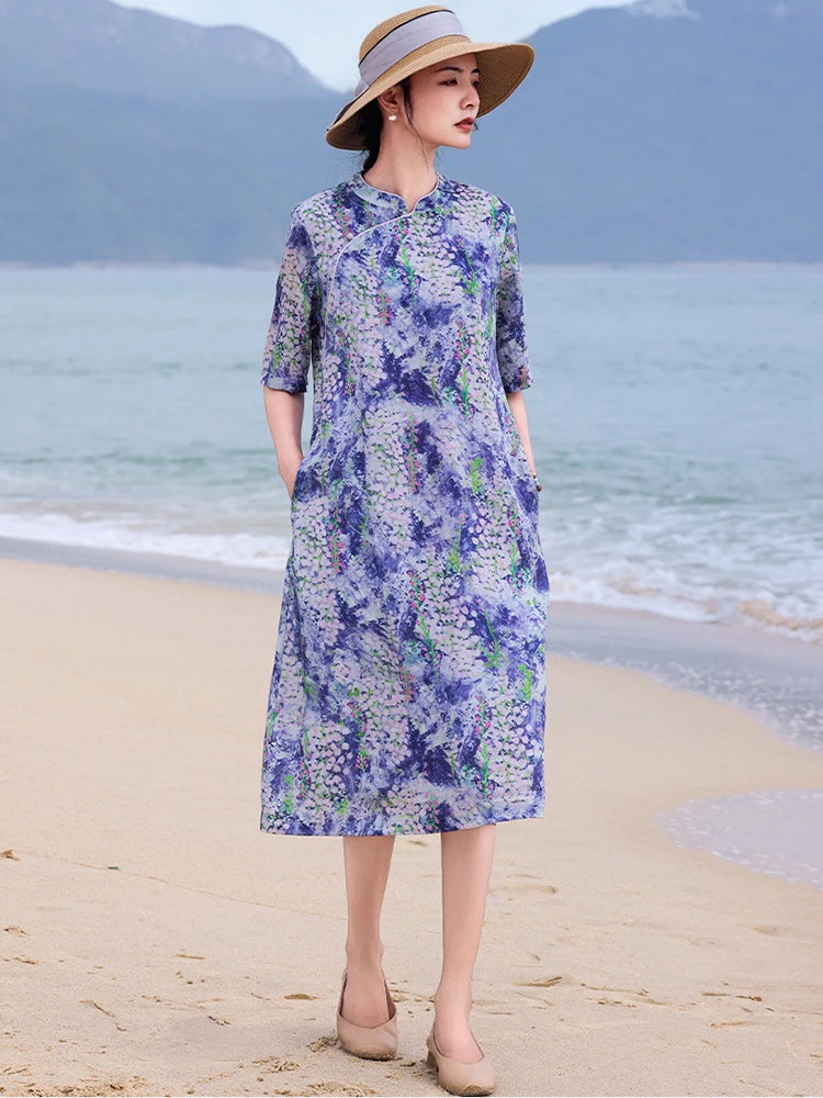 Casual Mandarin Collar Vintage Print Ramie Dress for Women