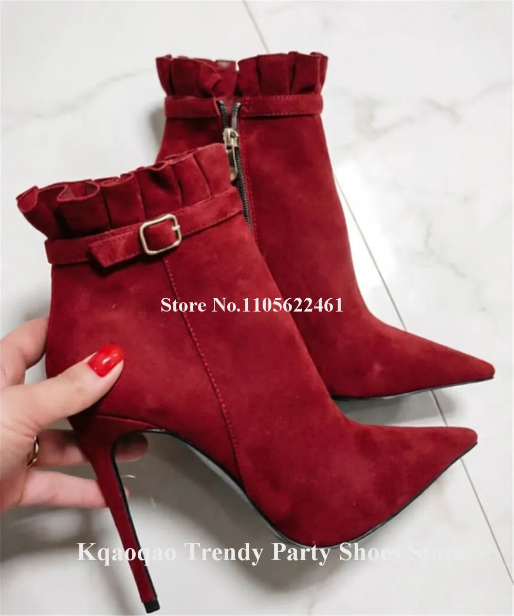Elegant Suede Ruffle Stiletto Ankle Boots for Women