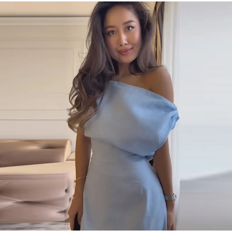 Elegant One Shoulder Side Split Ankle Length Dress for Women