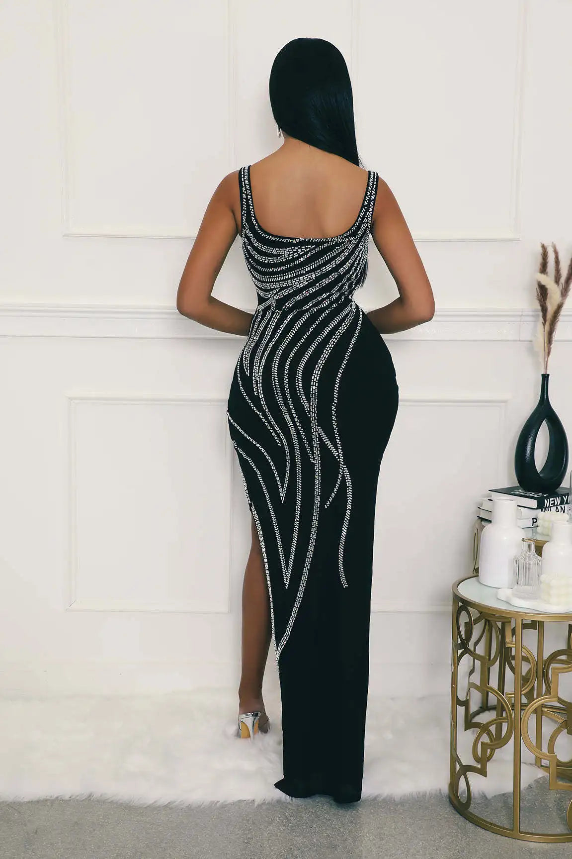 Elegant Rhinestone V-neck Floor Length Evening Dress for Women