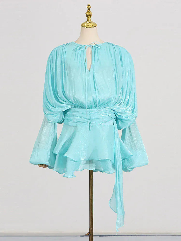 TWOTWINSTYLE Loose Solid Dresses For Women Round Neck Lantern Sleeve High Waist Spliced Fold Mini Chic Dress Female Fashion 2025