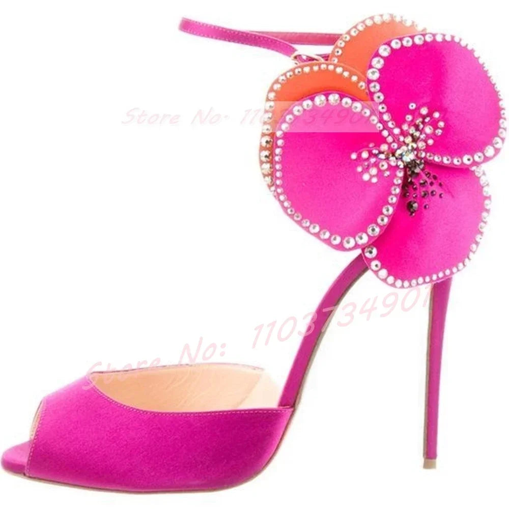 Pink Satin Crystal Peep Toe Stiletto Sandals for Women