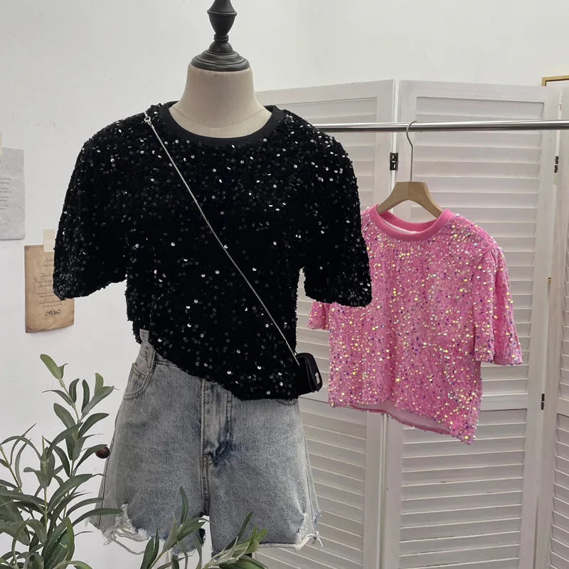 Spicy Girl Pink Sequins Short Sleeve T-shirt Round Neck Slimming Crop Top Blingbling Sexy Nightclub Multi Color Casual Tees