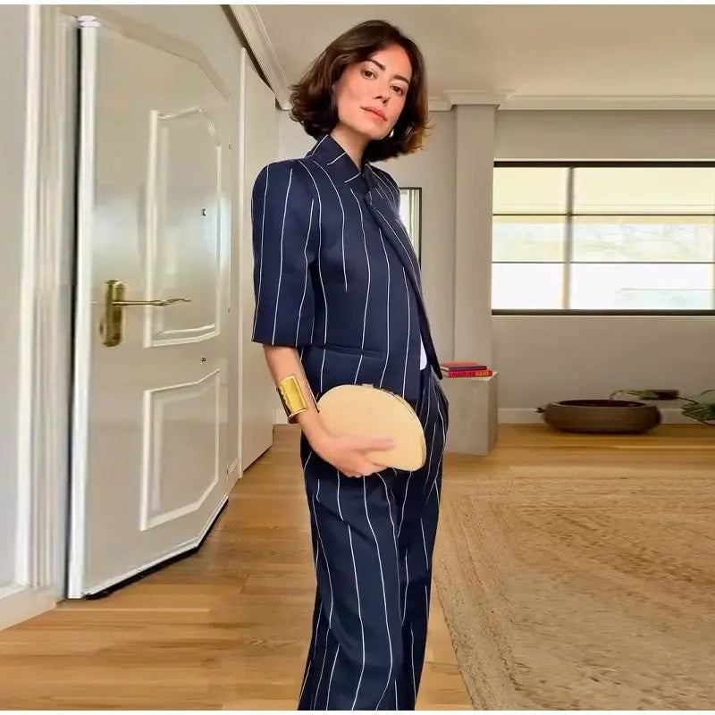 Elegant Striped Two Piece Coat and Pants Set for Women