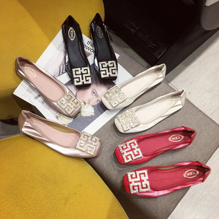 Rhinestone Buckle Square Toe Slip On Flats for Women
