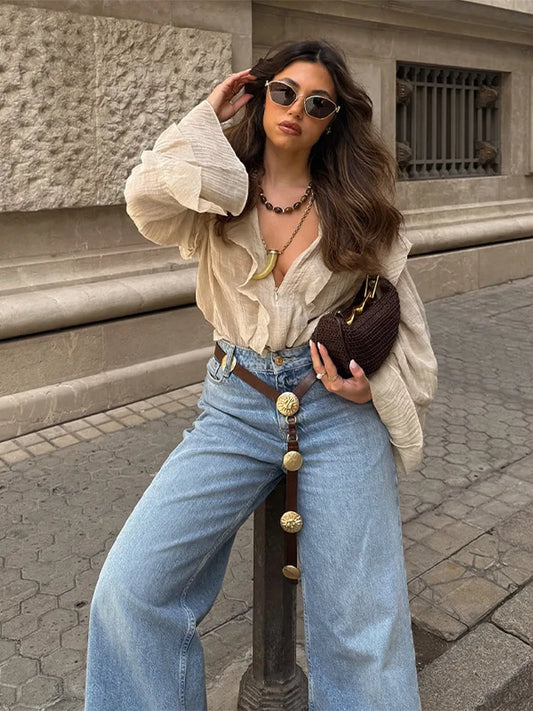Women Shirt Loose Casual Ruffled Edges Female Blouses V Neck Lace Up Short  Woman Shirts Spring Summer Blouse Top 2025 New