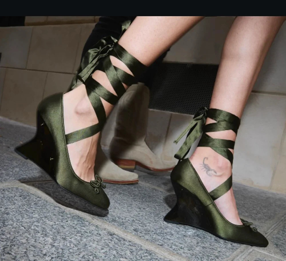 Olive Satin Square Toe Wedge Heels