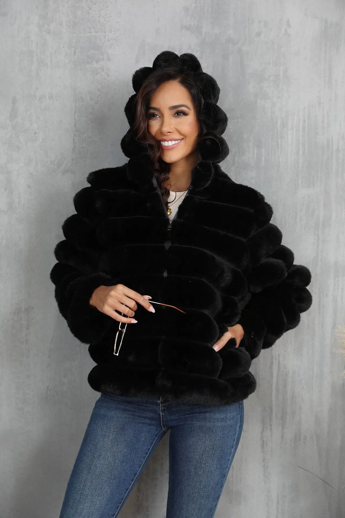 Warm Hooded Short Faux Fur Coat With Turn Down Collar for Women