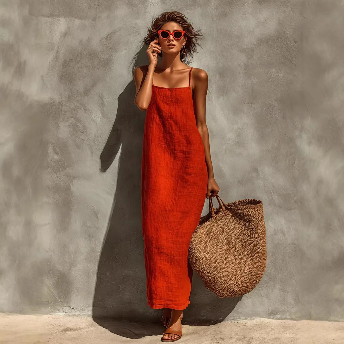 New Solid Color Square Neck Spaghetti Strap Linen Maxi Dress for Women
