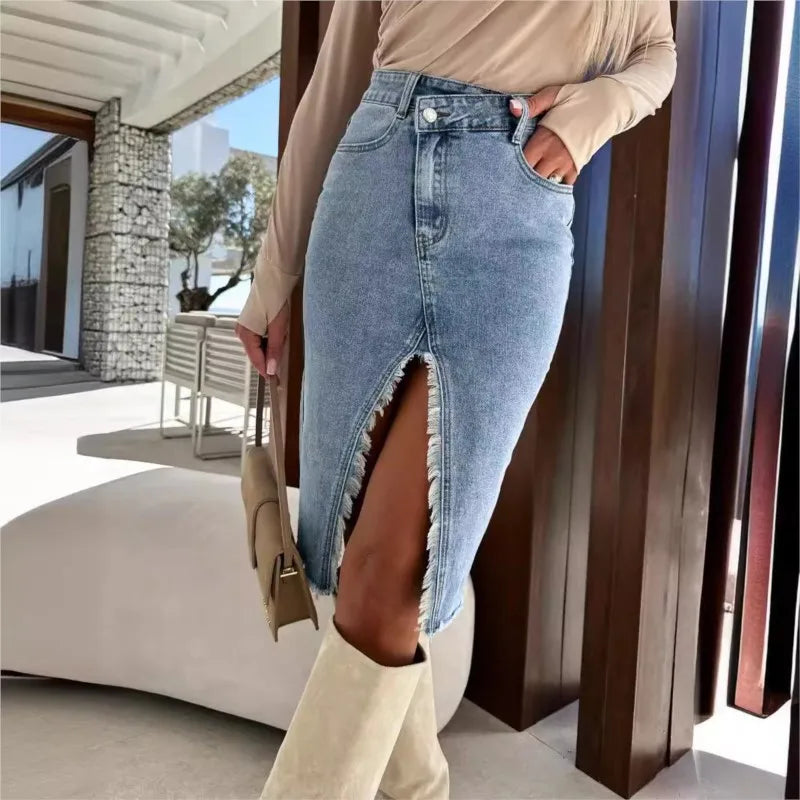 Denim Package Hip Skirt Sexy Pencil Y2K Fresh Sweet Denim Skirts Women Slit Fashionable Casual Solid Color Jeans Skirts