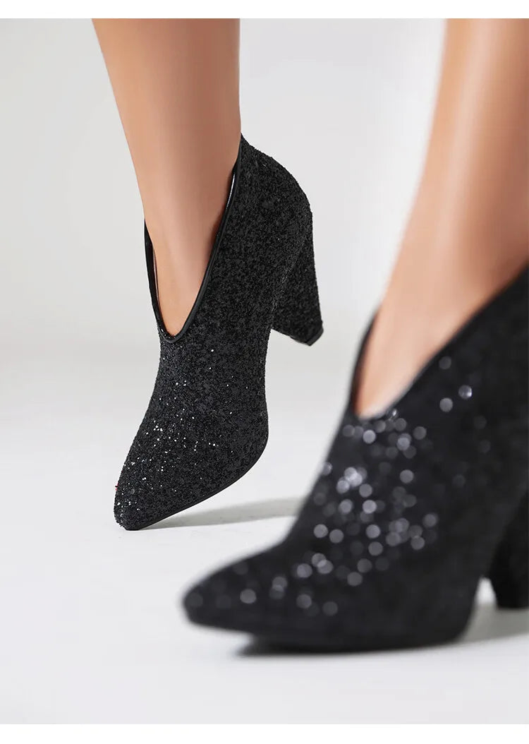 New Blingbling Pointed Toe Women Chunky Spike Heel Sequins Ankle Boots V Open Slip On Spike Heel Pointy Sequined Boots Size 43