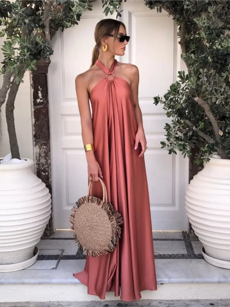 Backless Halter Neck Satin Evening Dress for Women
