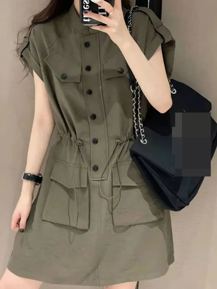 European Retro Stand Collar Drawstring Midi Dress for Women