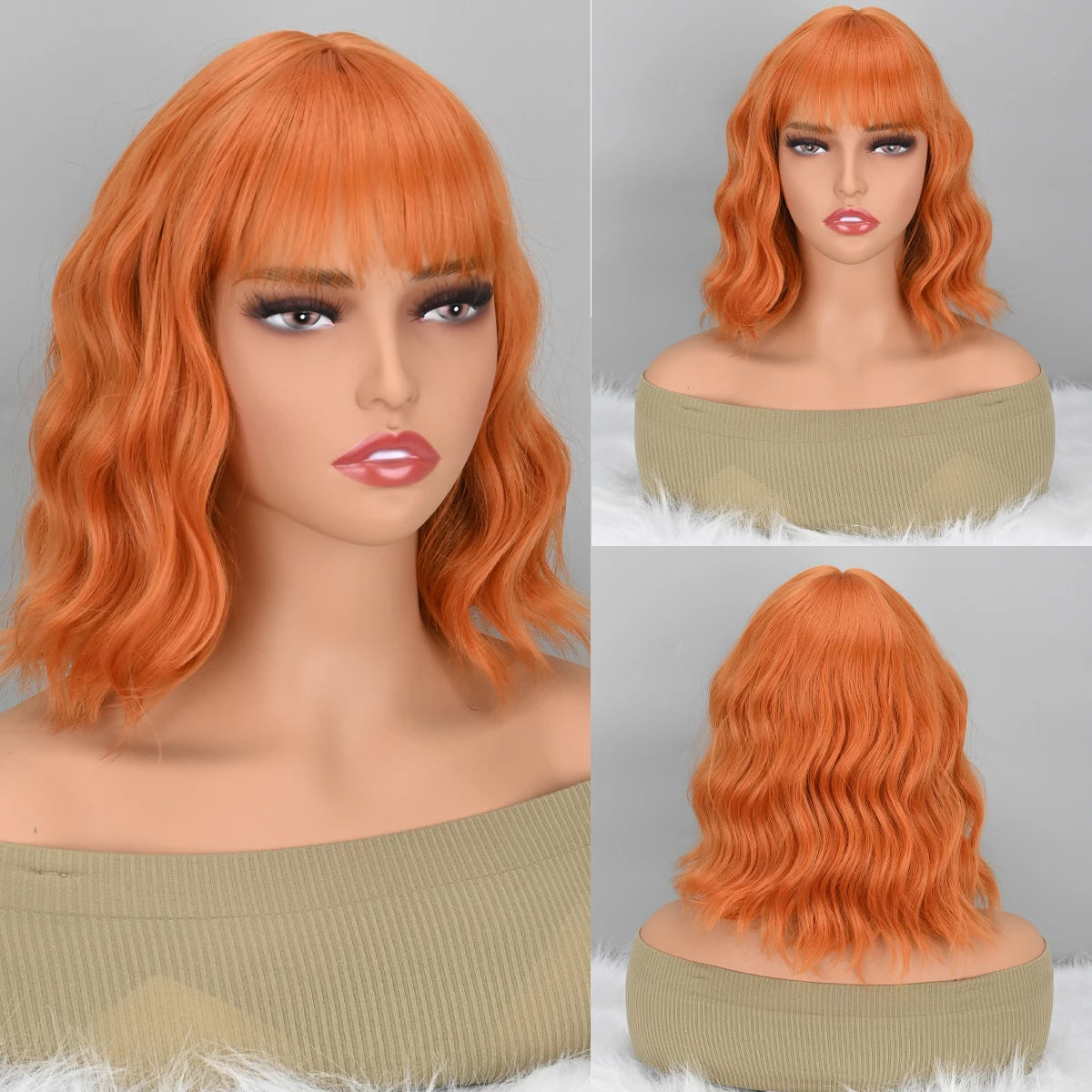 Natural Brown Synthetic Curly Wavy Bob Wig With Bangs For Women