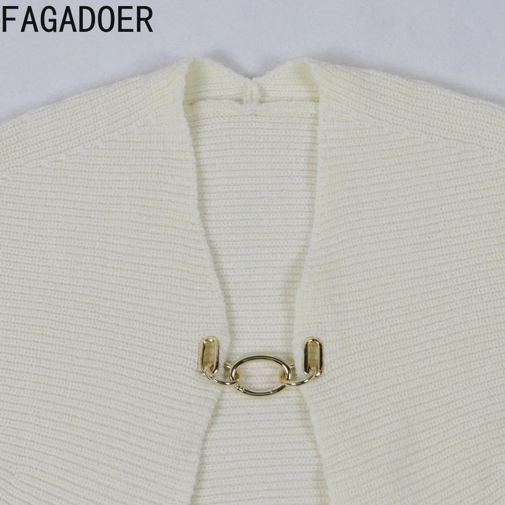 FAGADOER High Quality Elegant Knit Women 2 Piece Set Outfit Hollow Out Lantern Sleeve Crop Cardigan + Long Skirt Suit Streetwear