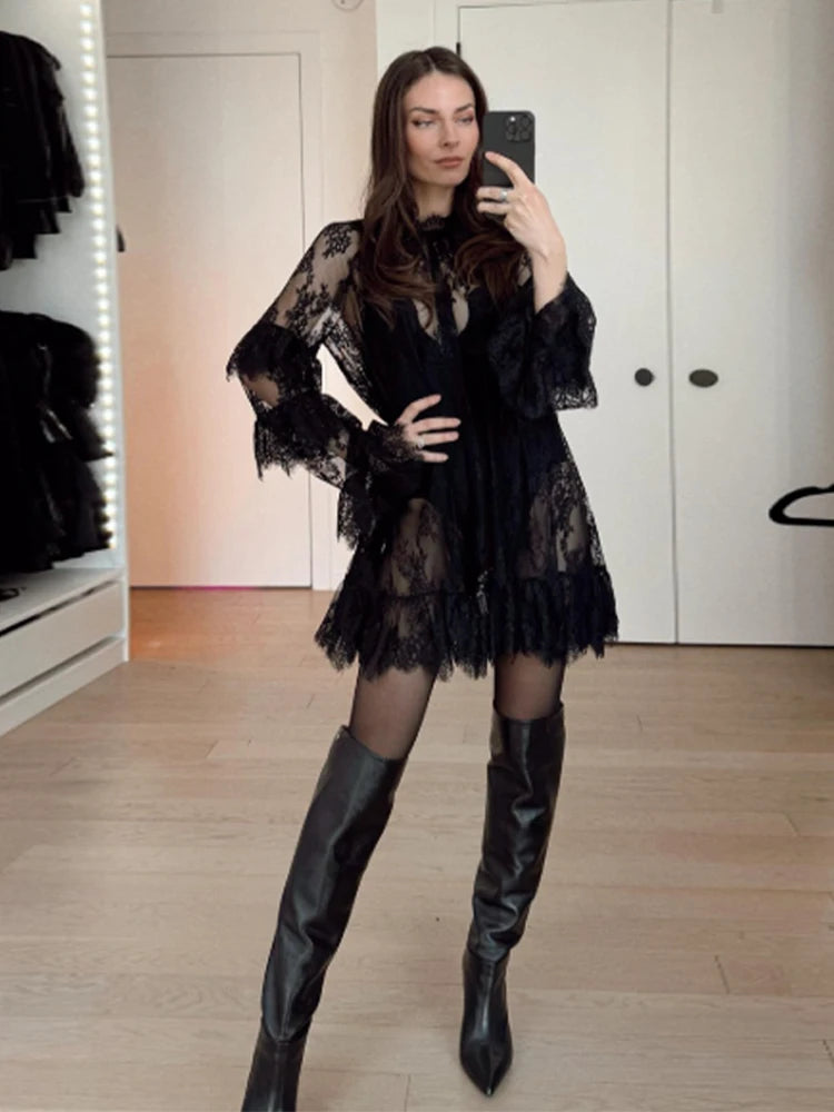 Lace See Through High Neck Long Sleeves A Line Mini Dress for Women