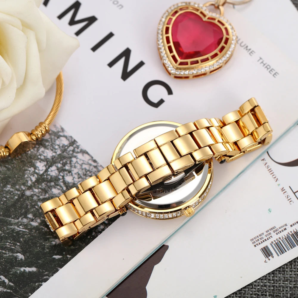 MISSFOX Women Quartz Watch Fashion Bling Casual Ladies Watches Female Quartz Gold Watch Crystal Diamond Leopard For Women Clock