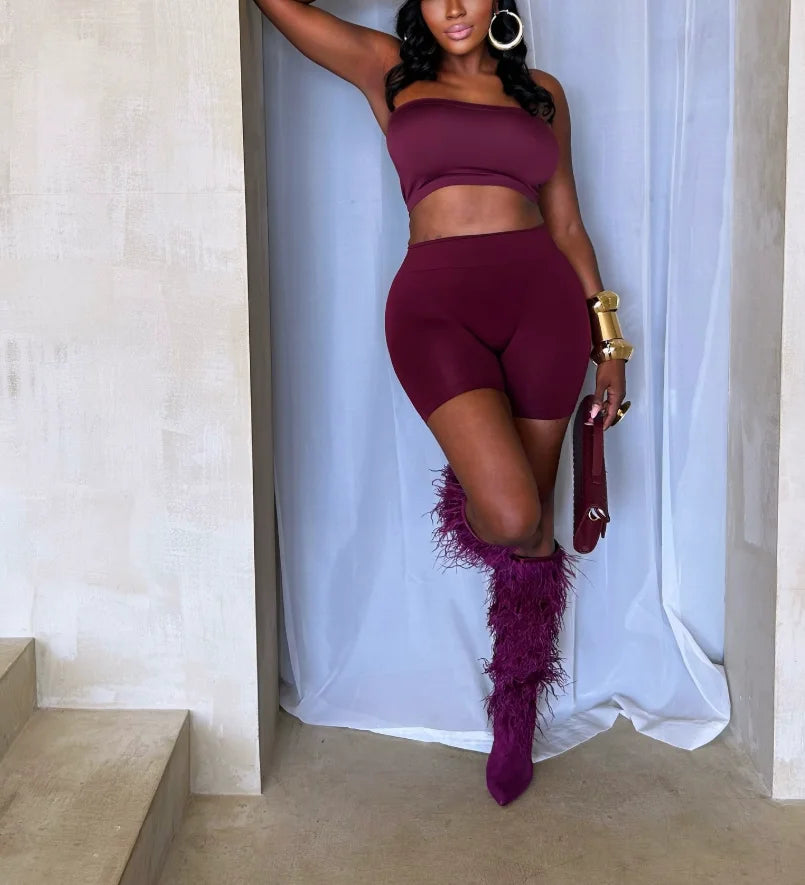 Magenta Suede Fluffy Fringe Stiletto Knee High Boots For Women