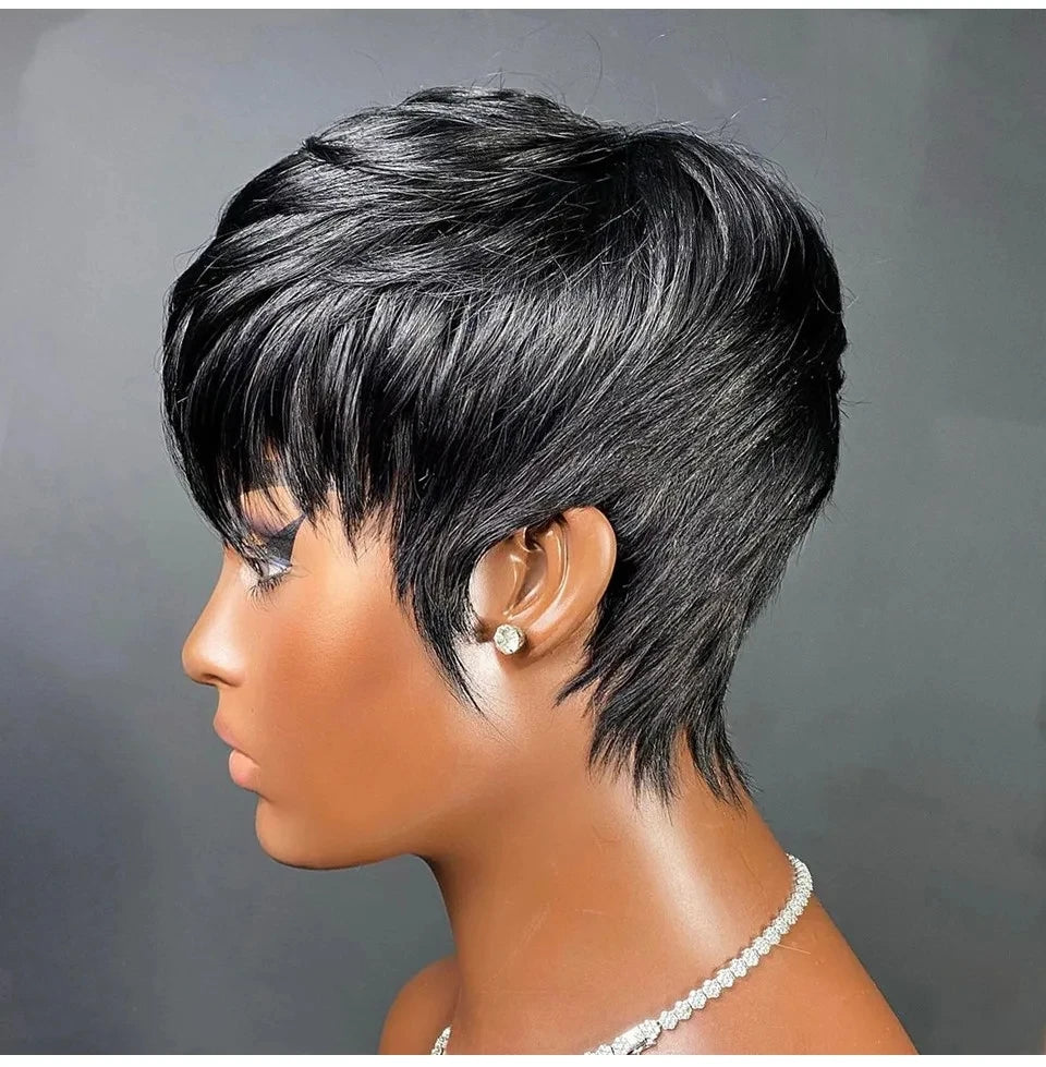 Natural Black Brazilian Human Hair Pixie Cut Wig With Bangs for Women