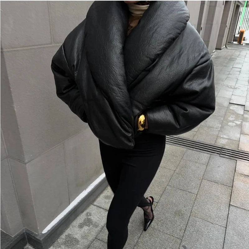 PU Leather Women's Cotton Coat Vintage Laple Full Sleeve Thicken Pockets Female Parka Jackets 2025 Autumn Winter Lady Streetwear