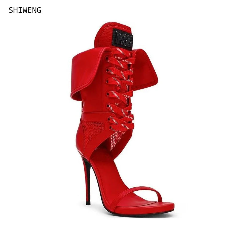 Red Patchwork Lace Up Strappy Sandals