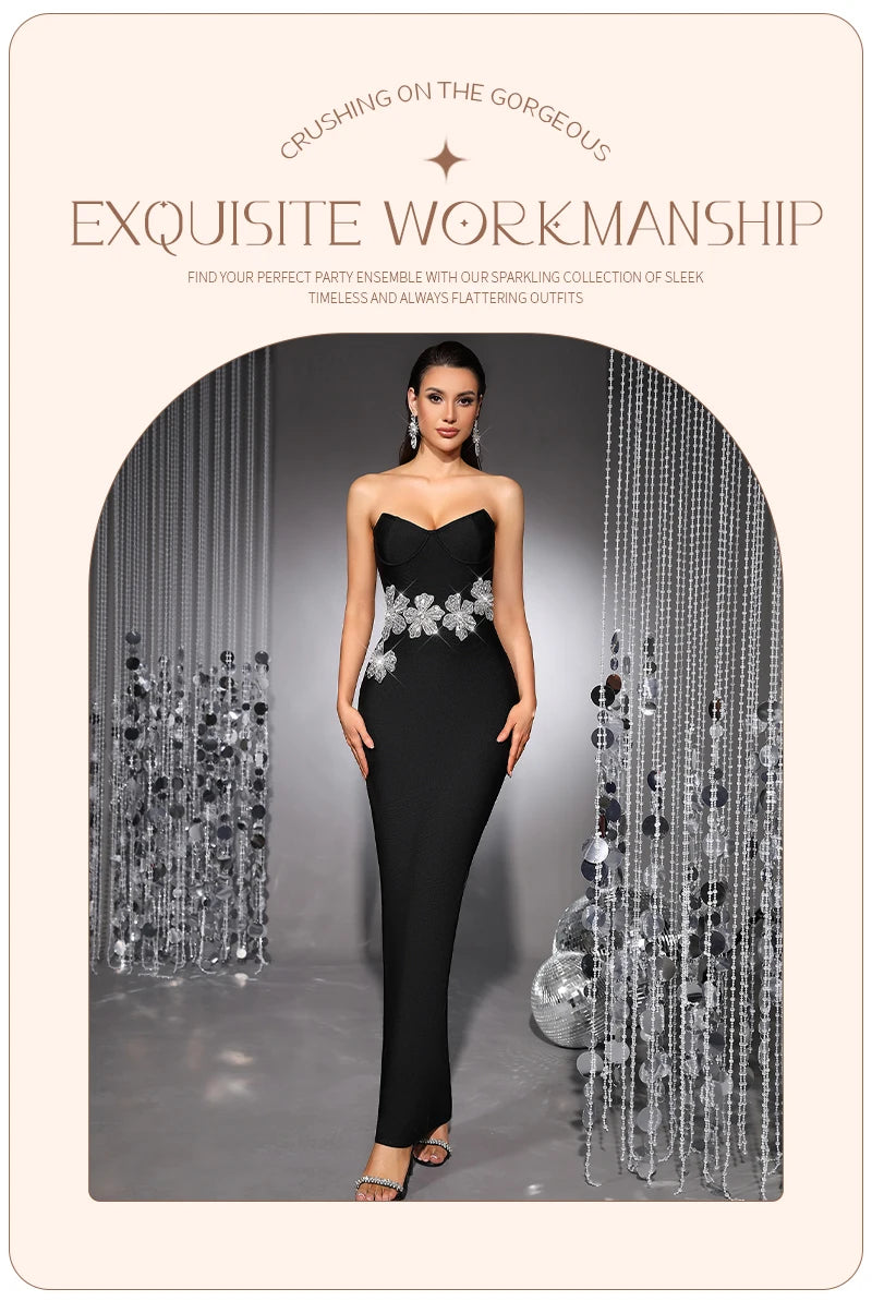 Strapless Crystal Flower Embellished Bodycon Maxi Dress for Women