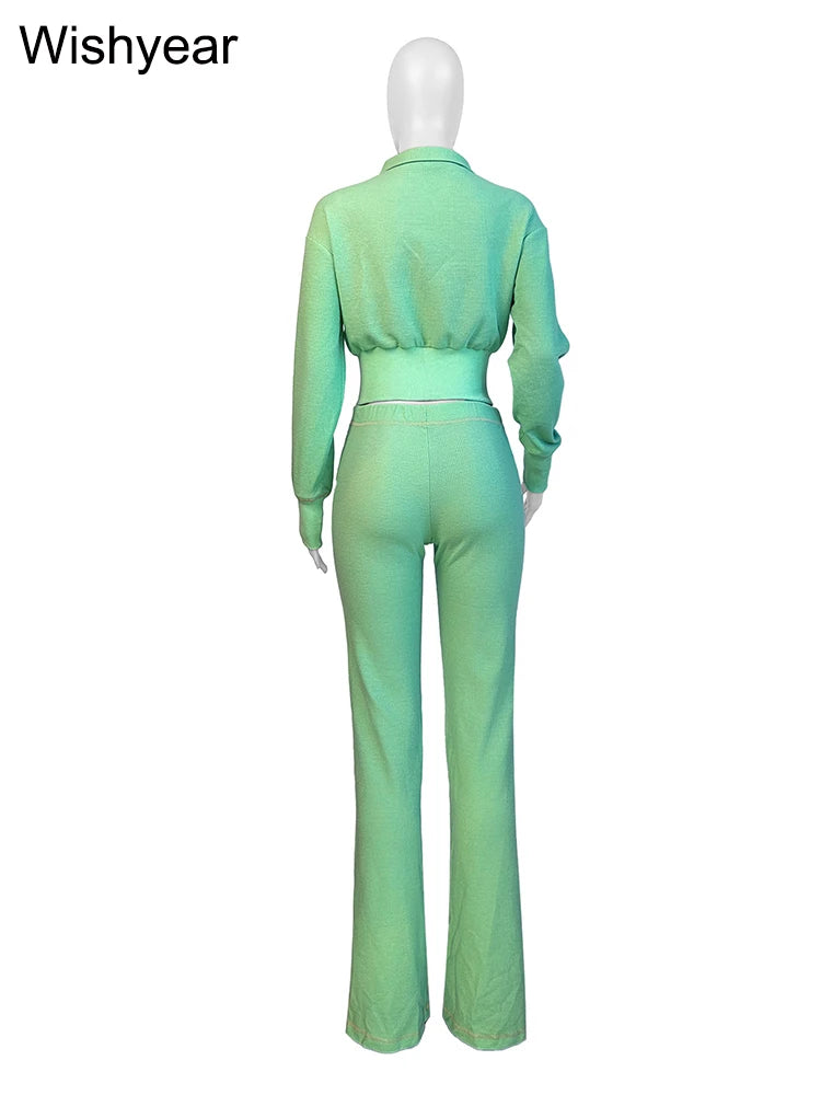 Waffle Knit Two Piece Flared Pants Tracksuit Set for Women