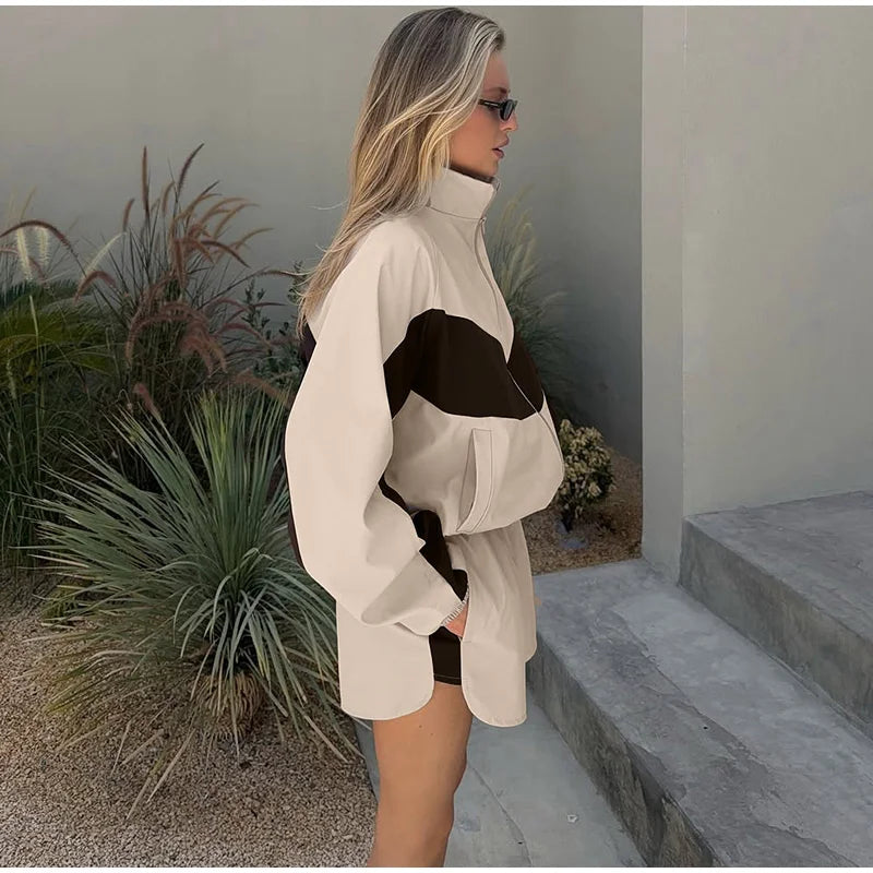 Color Block Zip Jacket and Shorts Tracksuit for Women