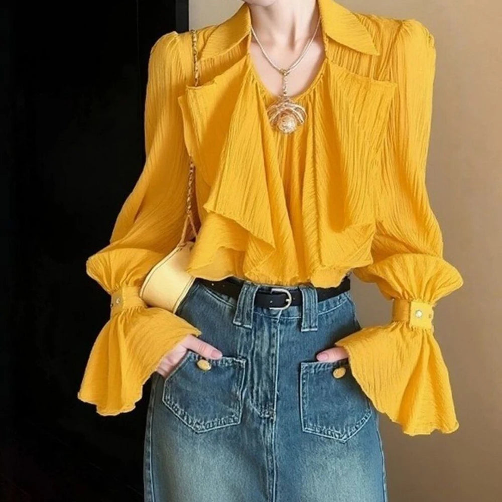 French Niche Ruffle Detail Loose Fit Shirt in Yellow for Women