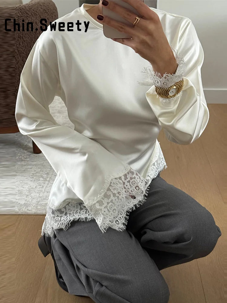 Asymmetric Lace Patchwork Loose Long Sleeve Shirt for Women