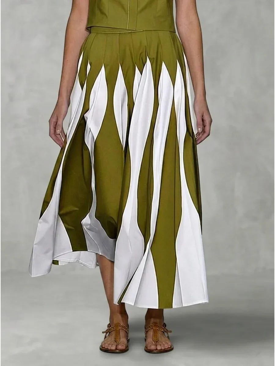 Bonboho 2026 New Women's Elegant Skirt Set Sleeveless Shirt Top & High Waist Pleated Contrast Color Skirt Casual Two-piece Set