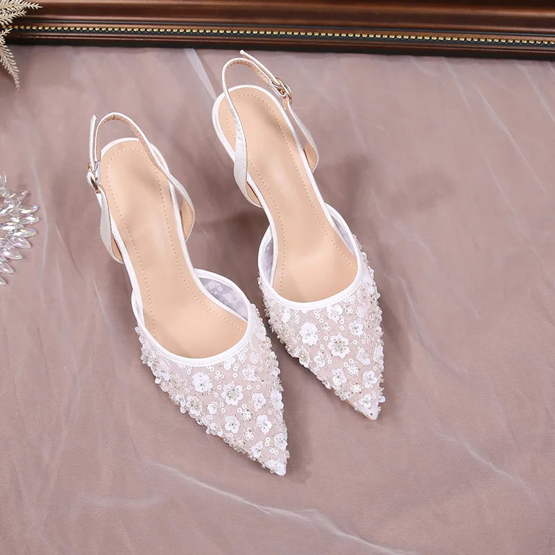 Elegant Floral Lace Back Strap High Heel Sandals for Women