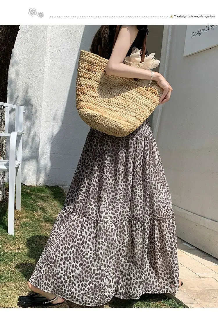 Vintage Leopard Print Tiered Maxi Skirt For Women