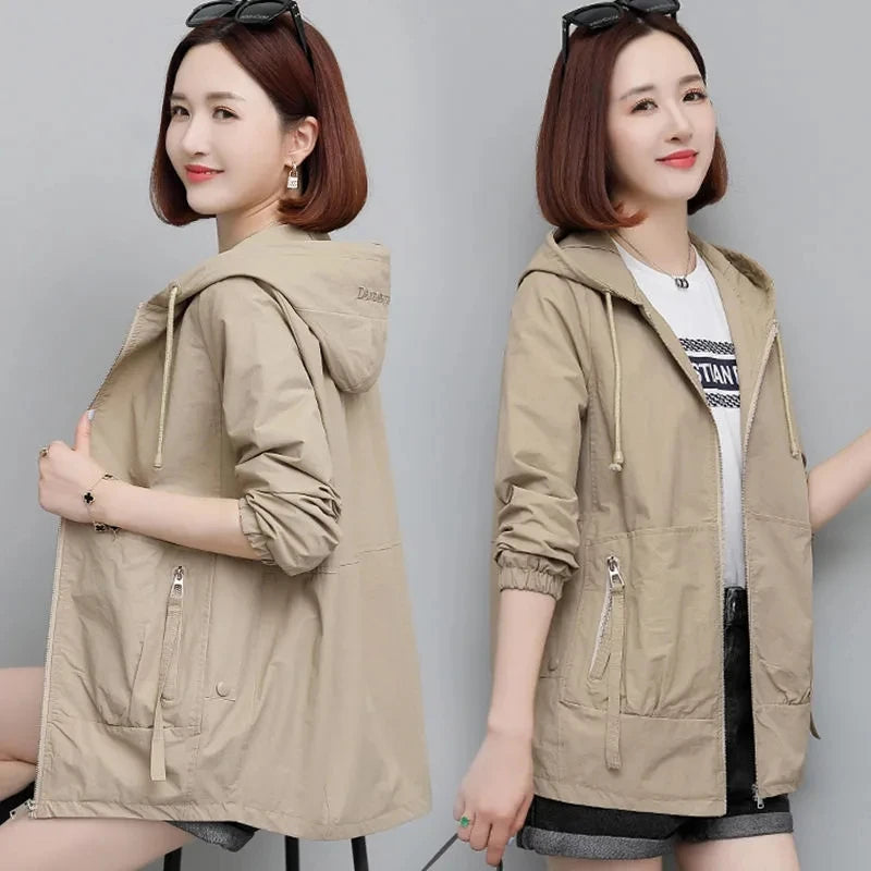 Lining Hooded Coat Female Spring And Autumn Temperament Short Jacket Casual Short Trench Coat Female Hooded Outwear Khaki