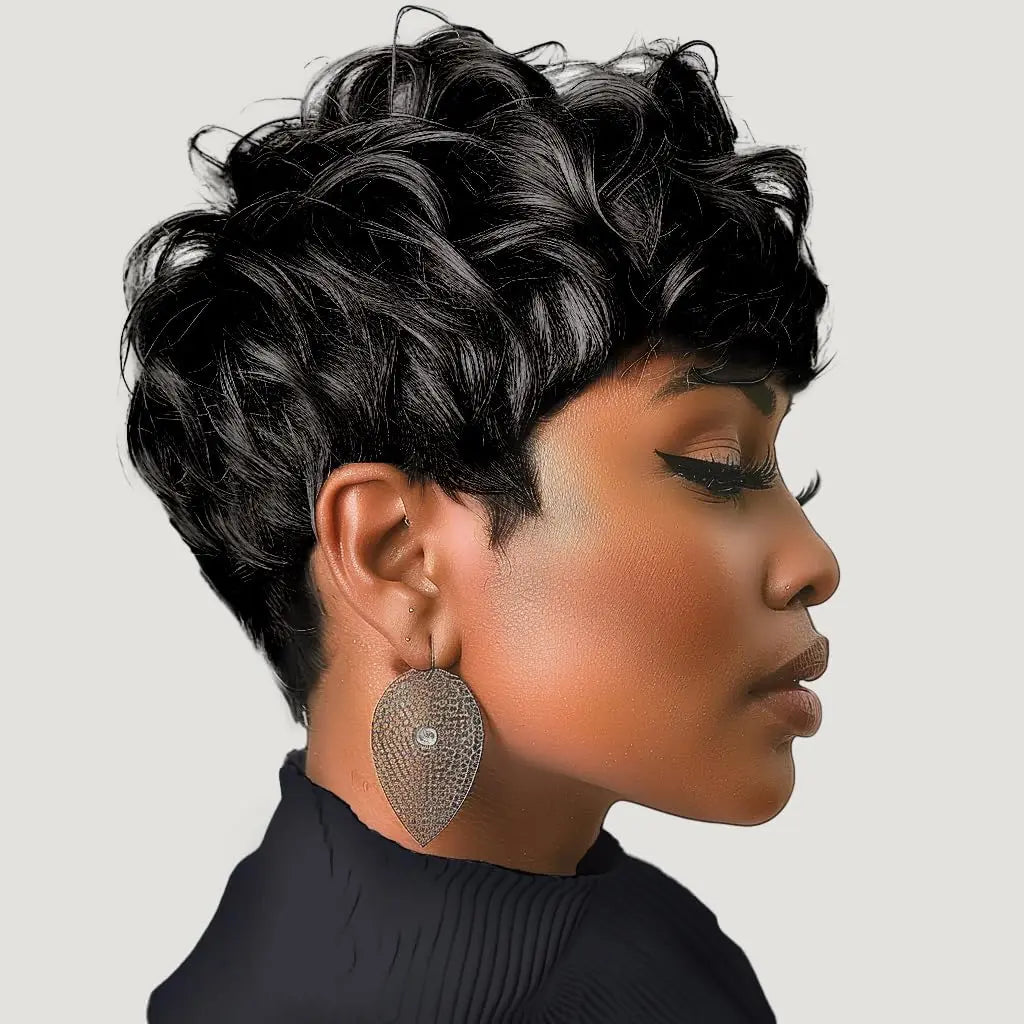 Synthetic Hair Natural Wavy Short Pixie Black Wig for Women