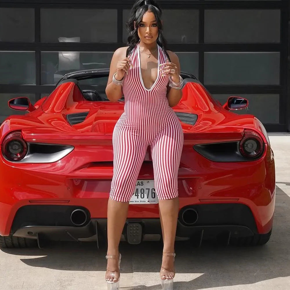 FAGADOER Casual Striped Patchwork Bodycon Romper Women Red Halter Deep V-neck Backless Jumpsuit Female Streetwear Overalls New